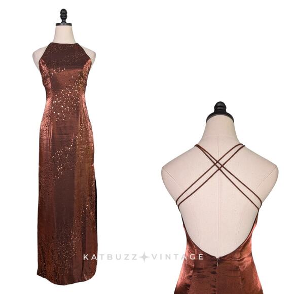 Vintage Morgan Co Prom Dress Maxi Gown 4 Copper Brown 90s Y2K Bead Glam Grunge - Picture 1 of 14